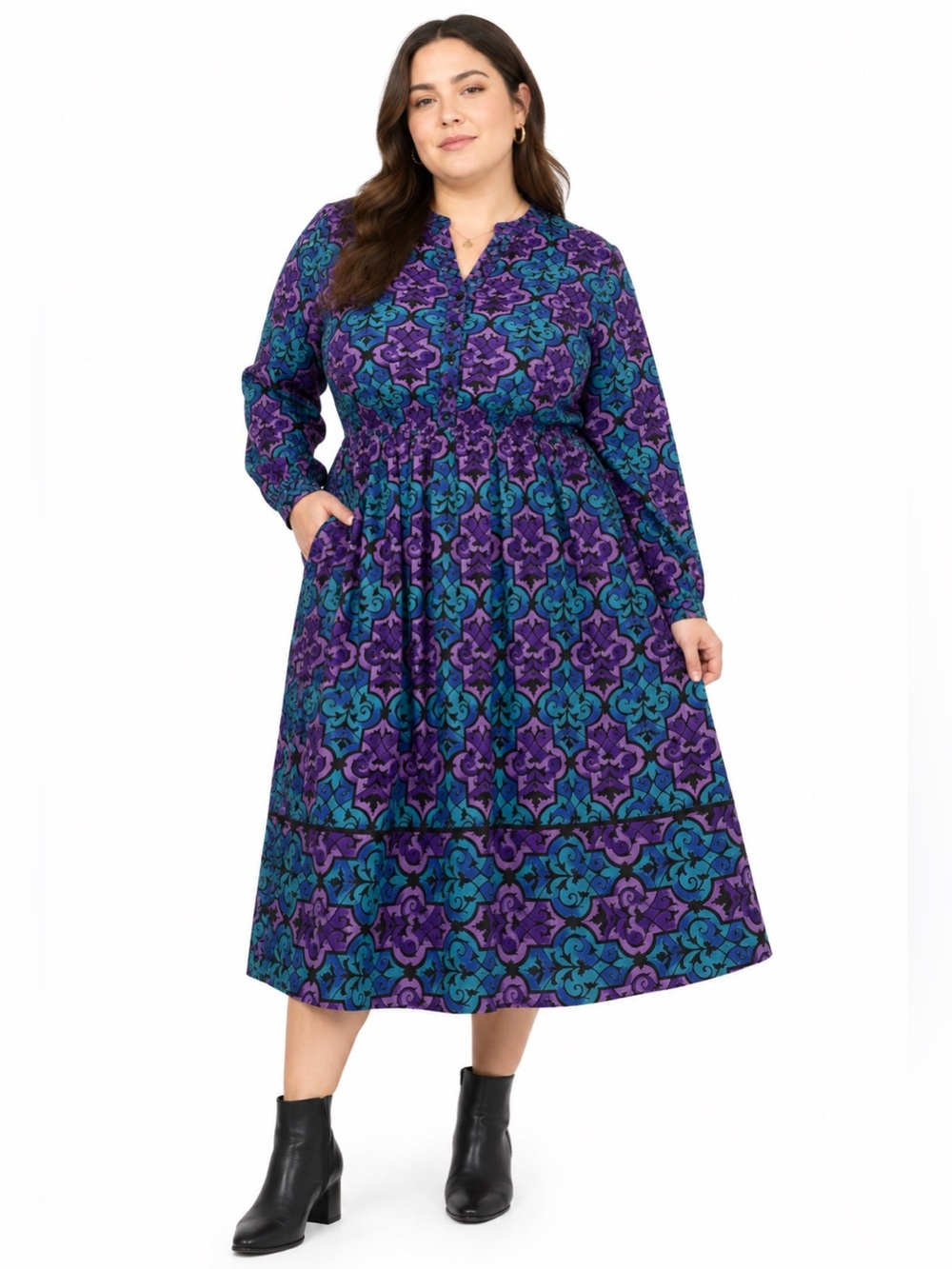 70s/80s Vintage Petrina Abstract Artsy Damask Midi/Maxi Dress (Purple/Blue) 16